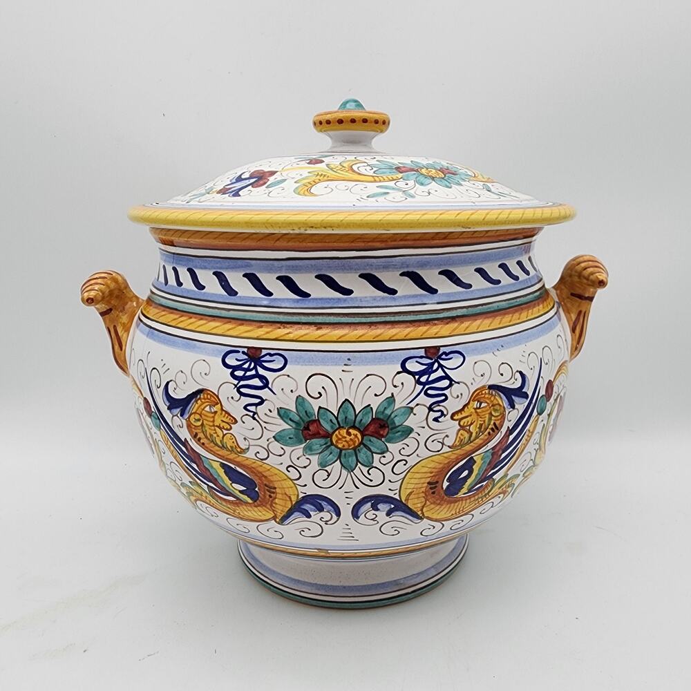 Vtg Footed Tureen Lidded Deruta Italy Raffaellesco Maiolica Dragon Hand Painted